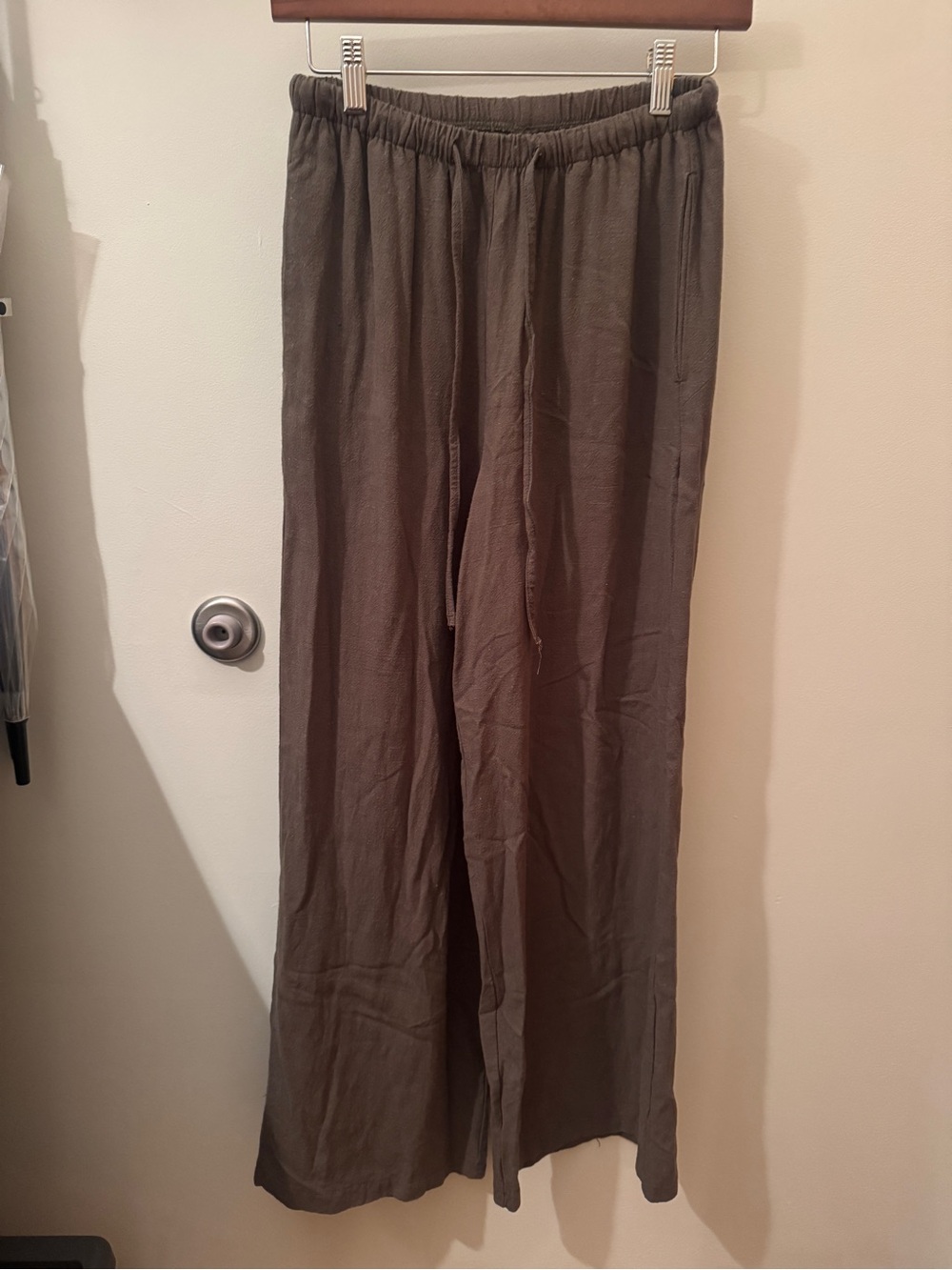 Olive Green Linen Blend Wide Leg Pants